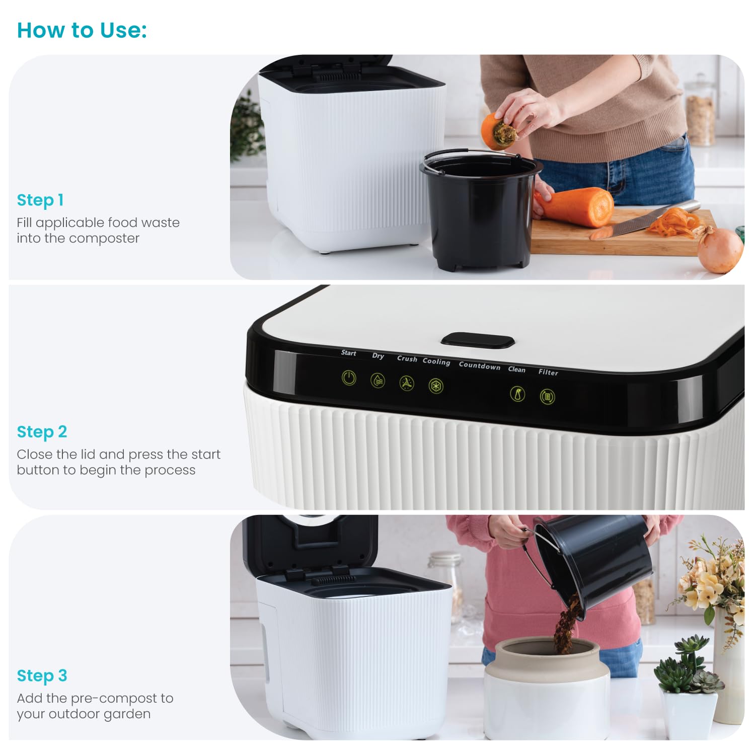 Home Zone Living Electric Composter for Kitchen, Helps Turn Food Waste Into Pre-Compost, Features Auto-Cleaning Cycle, Large Capacity 3 Liters Size