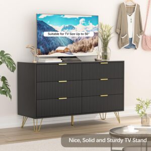 BVFUKA Black Dresser, Modern Dresser for Bedroom, 6 Drawer Dressers with Wide Drawers and Gold Handles, Storage Chest of Drawers