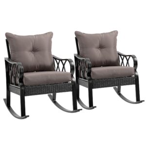 outsunny 2 piece outdoor wicker rocking chairs with padded cushions, aluminum furniture rattan porch rocker chairs w/armrest for garden, patio, and backyard, gray