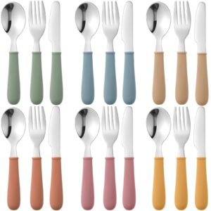 sunnychicc 18 pieces toddler utensils kids silverware with silicone handle stainless steel toddler fork spoon knife set children flatware set, 6 colors