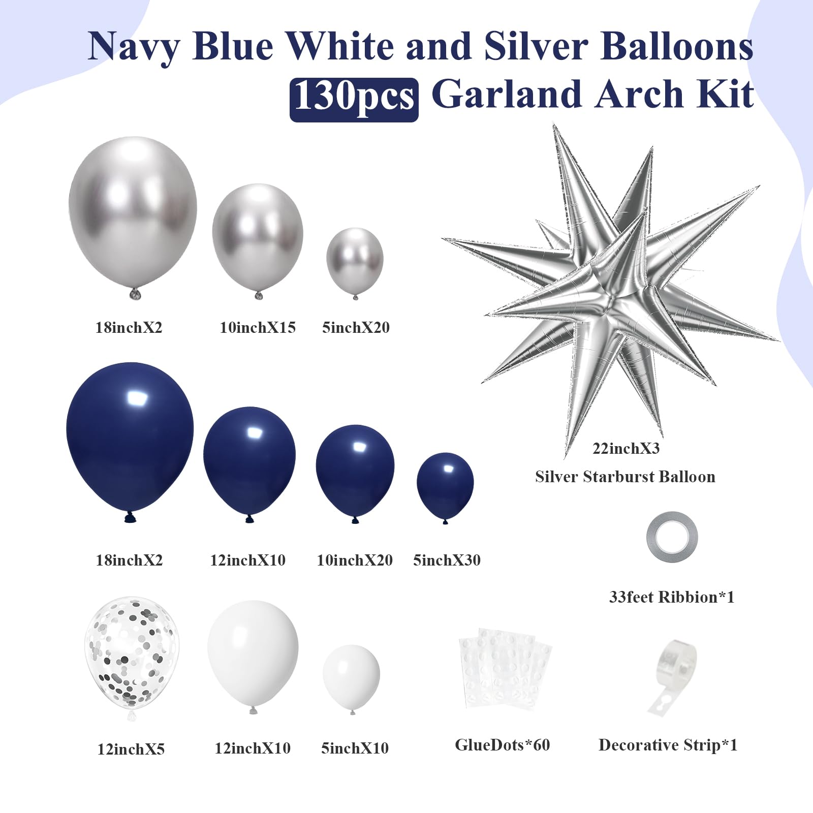 130pcs Navy Blue and Silver Balloon Garland Arch Kit with 3pcs Silver Star Balloons, Royal Blue Metallic Silver White Balloons for Birthday Baby Shower Wedding Graduation Party Decorations