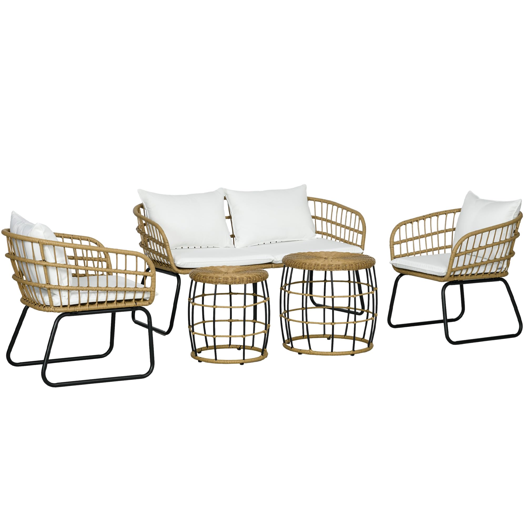 Outsunny 5 Piece PE Rattan Outdoor Furniture Set with Cushioned Chairs & Loveseat Sofa, Patio Sectional Furniture Set, Conversation Sofa Set with Stackable Coffee Tables, Cream White