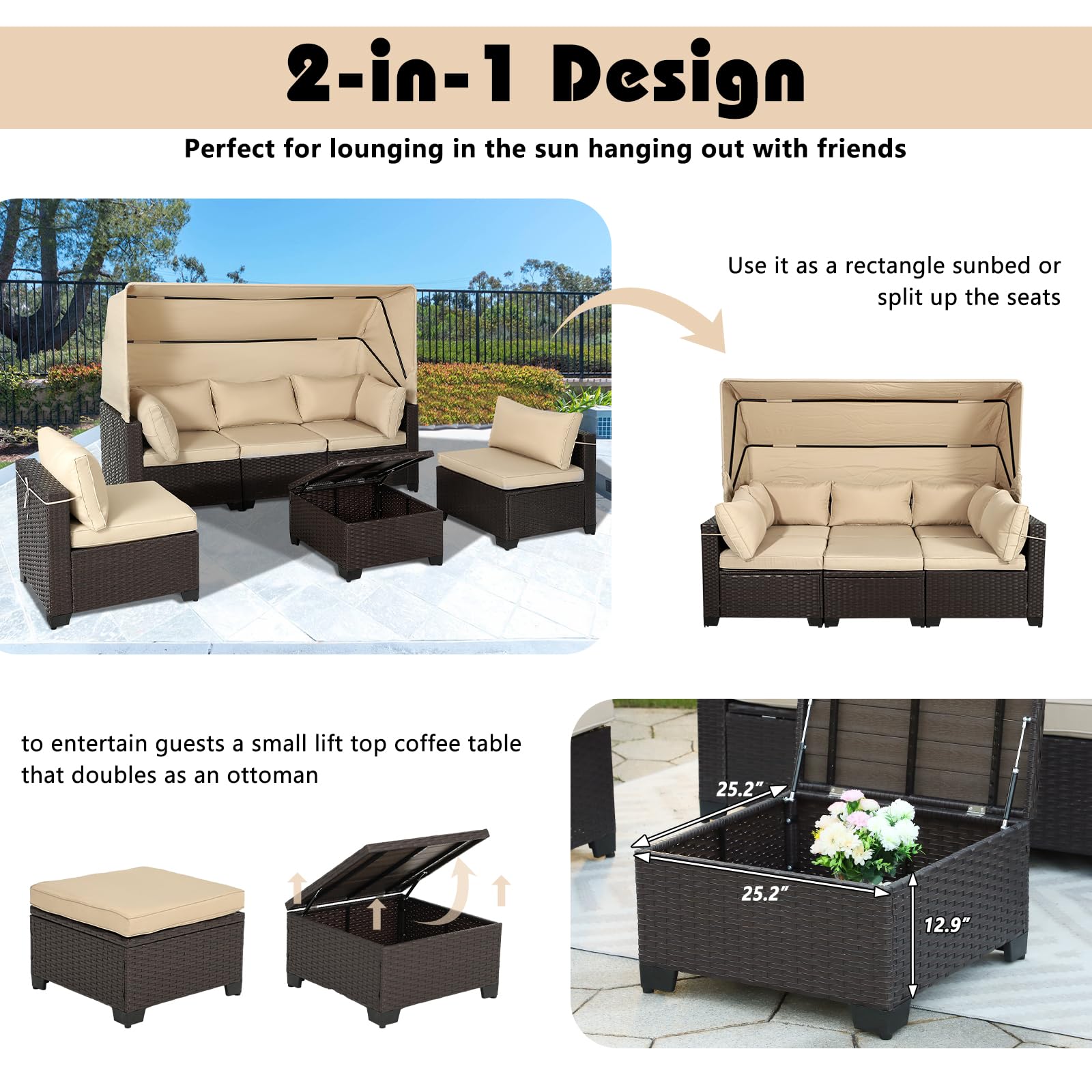 TITIMO 6 Pieces Patio Furniture Set Outdoor Conversation Set Daybed with Retractable Canopy, Patio Sectional Rattan Sofa Set with Adjustable Backrest for Poolside Backyard (Beige) (Beige)