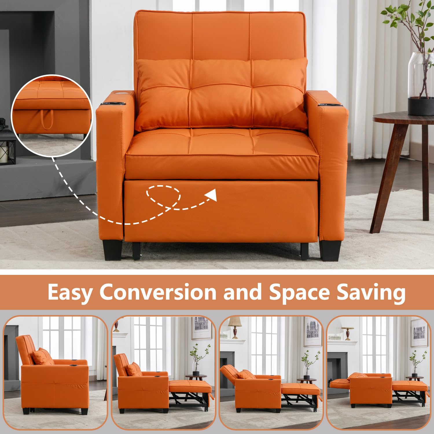 3-in-1 Convertible Sofa Bed Sleeper Chair, Leather Upholstered Pull Out Sleeper Chair with Adjustable Backrest, USB Ports, Cup Holders & Side Pockets for Living Room Apartment Small Space, Orange