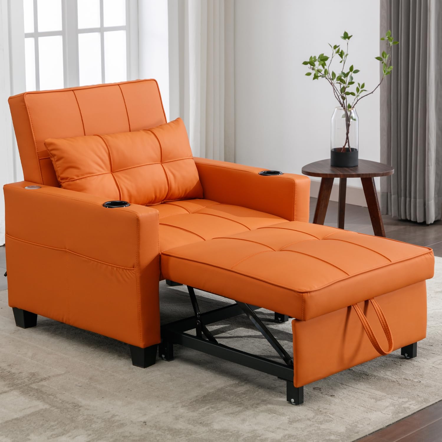 3-in-1 Convertible Sofa Bed Sleeper Chair, Leather Upholstered Pull Out Sleeper Chair with Adjustable Backrest, USB Ports, Cup Holders & Side Pockets for Living Room Apartment Small Space, Orange