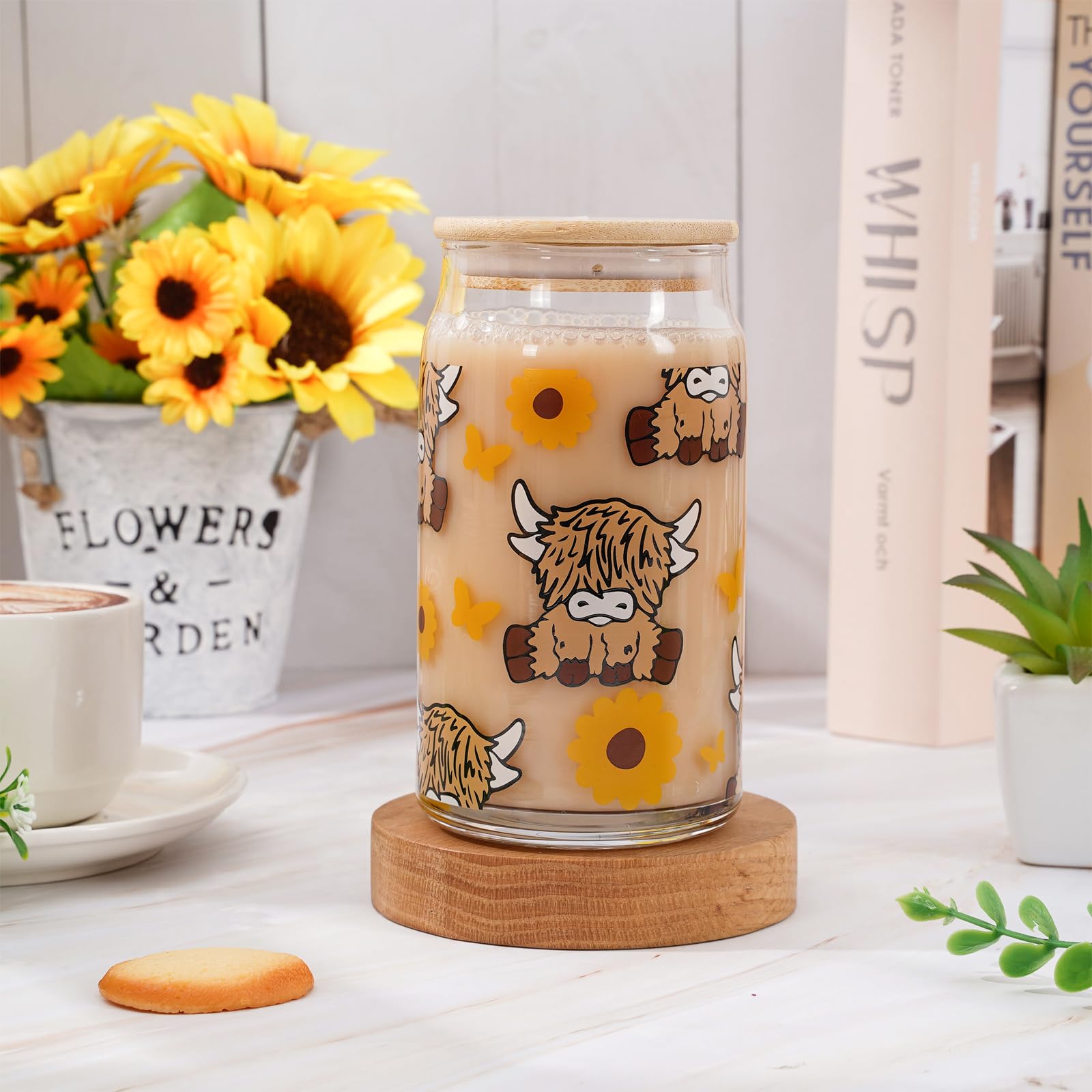 Whaline Highland Cow Iced Coffee Cup with Gift Box Brown Cow Sunflower Drinking Glasses Cute Beer Can Glass with Lid Straw Cleaning Brush for Home Office Women Gifts,16oz