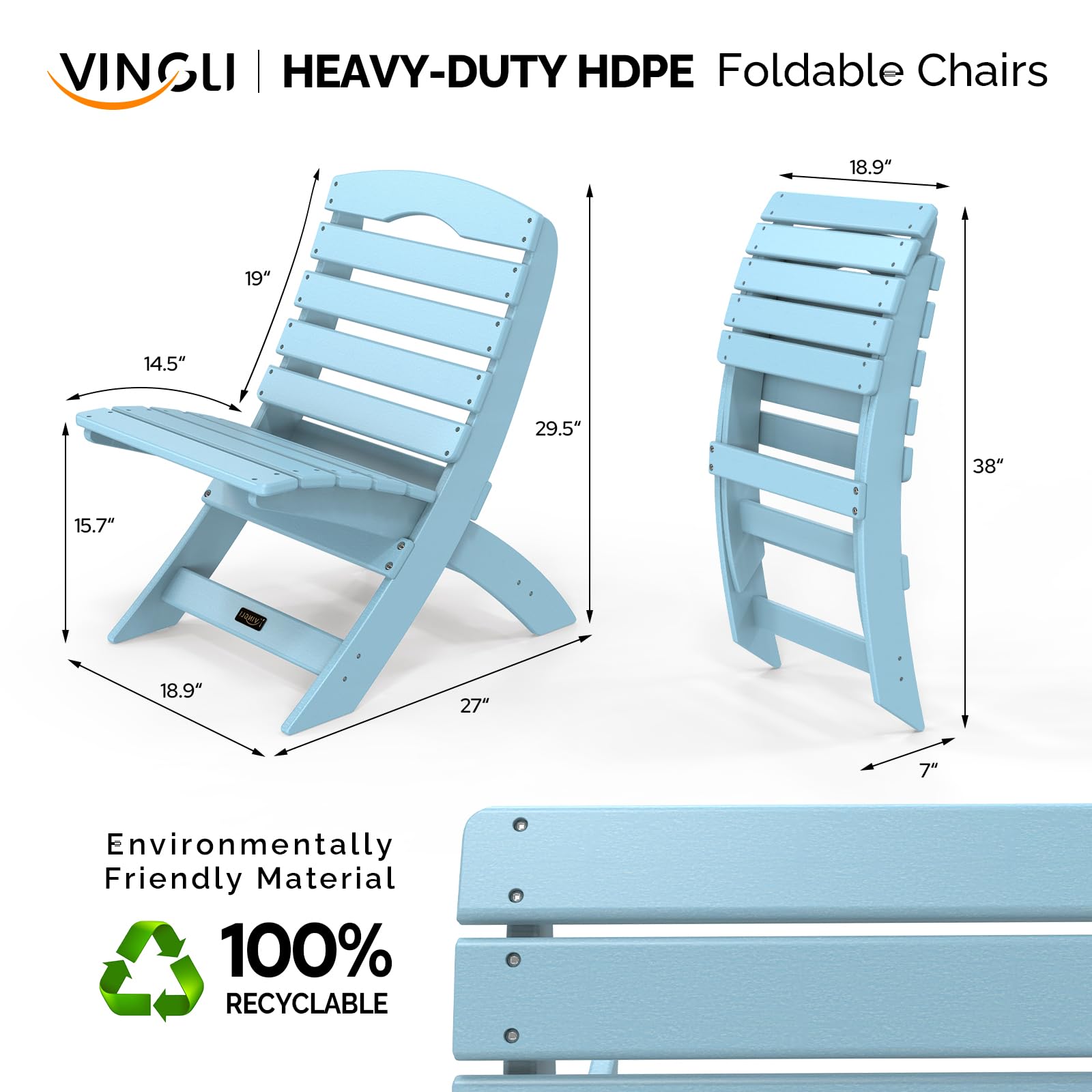 VINGLI Portable Adirondack Chairs Set of 2, Folding Plastic Adirondack Chair for All Weathers, Outdoor Fire Pit Chairs for Patio Poolside Porch Beach, Capacity 350 LBS, Blue