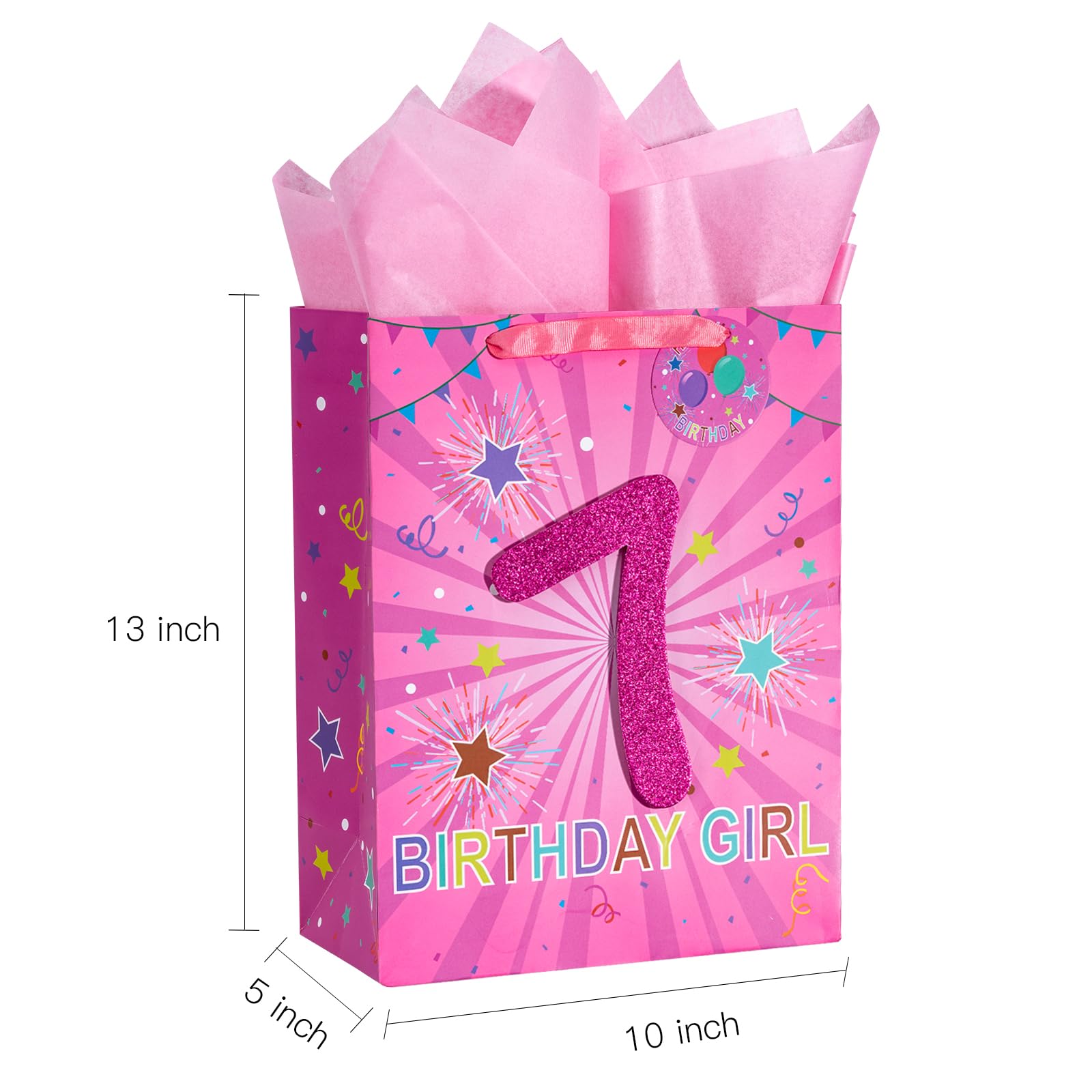 Loveinside Birthday Pink Gift Bag with Tissue Paper, Gift Tag and Greeting Card for 7th Girl Birthday, Party, Baby Shower and More - 10" x 5" x 13", 1 Pcs - 7th Birthday