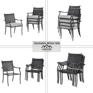 LOKATSE HOME 4 PCS Metal Outdoor Wrought Iron Patio Dining Armrest Chairs with Seat Cushion for Balcony, Garden, Backyard, Grey