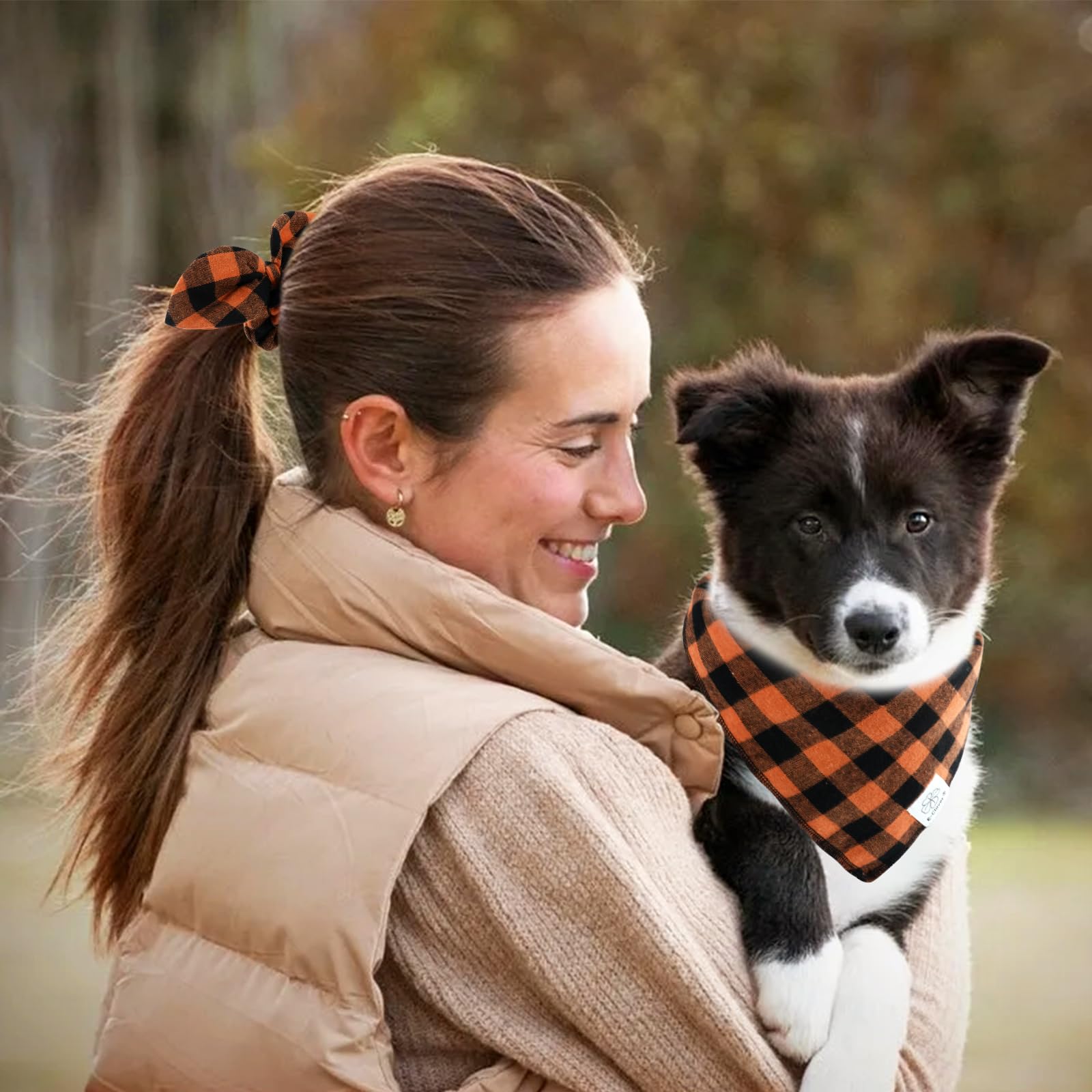 E-Clover Fall Dog Bandana & Matching Scrunchie-Thanksgiving Dog Bandanas Plaid Pet Scarf Bib for Medium Large Dogs Girl Boy Owner Gift Orange Black