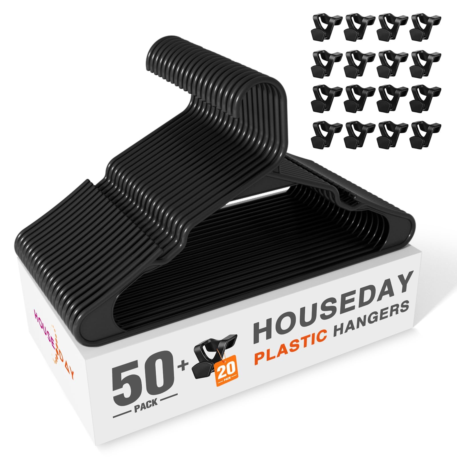 HOUSE DAY Black Plastic Hangers 50 Pack with 20 Pack Hanger Connector Hooks, Premium Slim Clothes Notched Hangers Space Saving, Heavy Duty Closet Hangers for Coat, Suit, Shirt, Dress