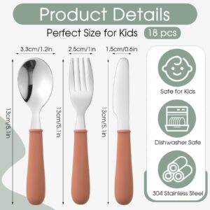 Sunnychicc 18 Pieces Toddler Utensils Kids Silverware with Silicone Handle Stainless Steel Toddler Fork Spoon Knife Set Children Flatware Set, 6 Colors