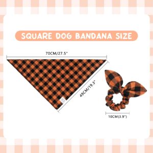 E-Clover Fall Dog Bandana & Matching Scrunchie-Thanksgiving Dog Bandanas Plaid Pet Scarf Bib for Medium Large Dogs Girl Boy Owner Gift Orange Black