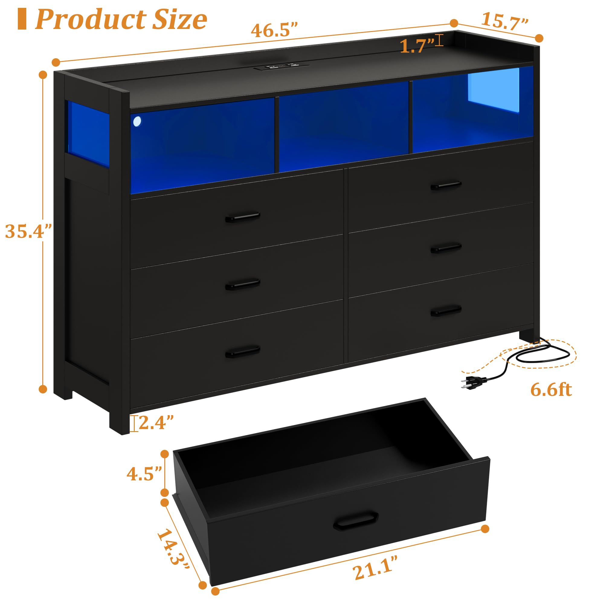 Whalefall Black LED Dresser for Bedroom, 6 Drawer Dressers Chests of Drawers with Power Strip, Modern Dressers Wooden Storage Cabinet for Adults