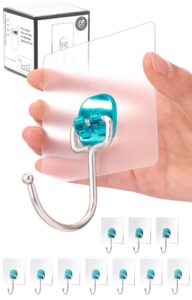 antimbee 10-pack large adhesive hooks,heavy duty adhesive hooks 37 lb(max),sticky wall hooks fit home,bathroom,kitchen,office and outdoor (transparent cyan)