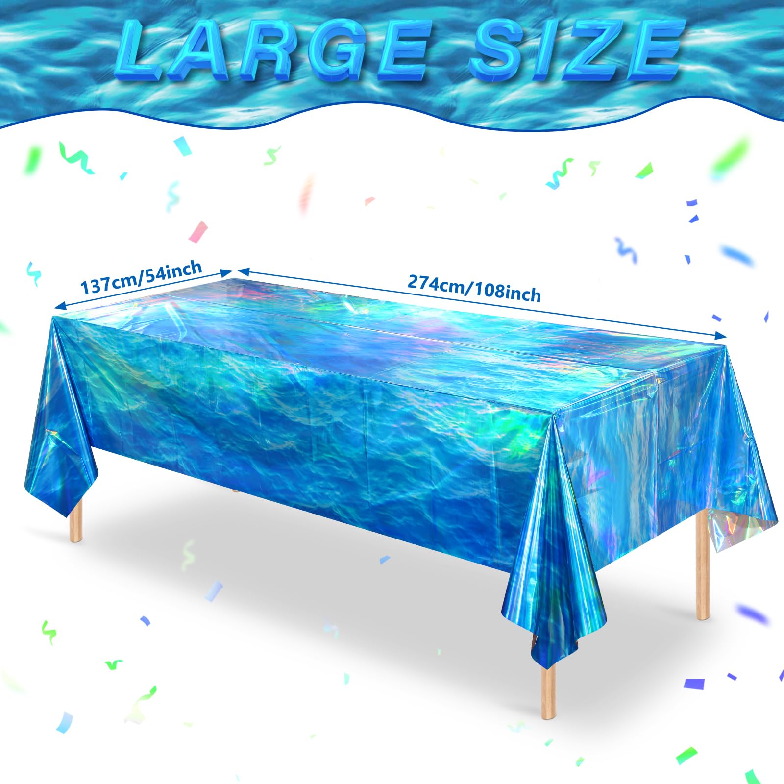 3 Pcs Iridescent Ocean Waves Tablecloths Disposable Plastic Ocean Blue Table Cloth Rectangle Table Covers for Under the Sea Beach Surf Ocean Pool Party Birthday Party Decorations, 54 x 108 Inch