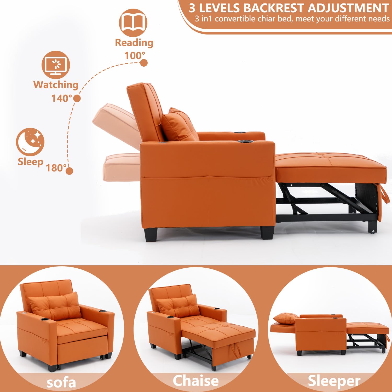 3-in-1 Convertible Sofa Bed Sleeper Chair, Leather Upholstered Pull Out Sleeper Chair with Adjustable Backrest, USB Ports, Cup Holders & Side Pockets for Living Room Apartment Small Space, Orange