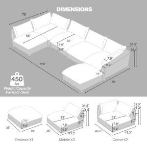 Fajiani Oversized Modular Sectional Sofa,Cloud Couch Sectional Deep Seat Sofa Linen Upholstered Oversized Sectional Couches for Living Room(156 inch 6 Seater-White)