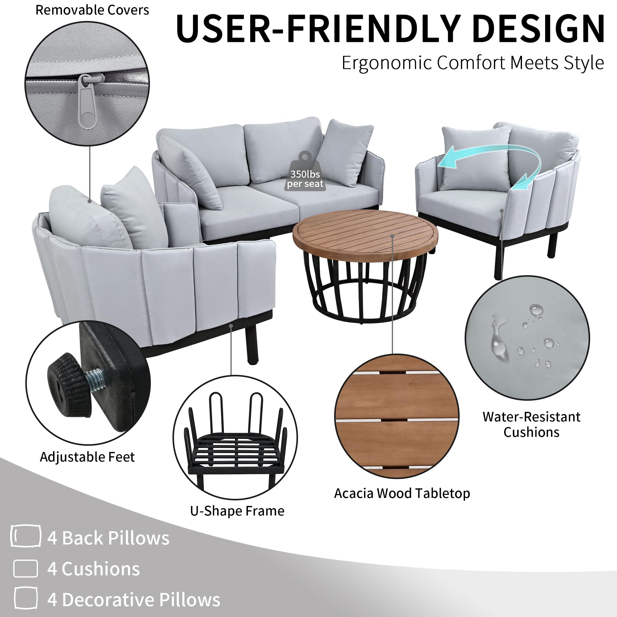 Merax 4-Piece Outdoor Patio Furniture Set with Acacia Wood Round Conversation Coffee Table, Comfy Loveseat and 2 Armchairs, Outside Sectional Sofa & Solid Iron Frame for Backyard, Poolside, Gray