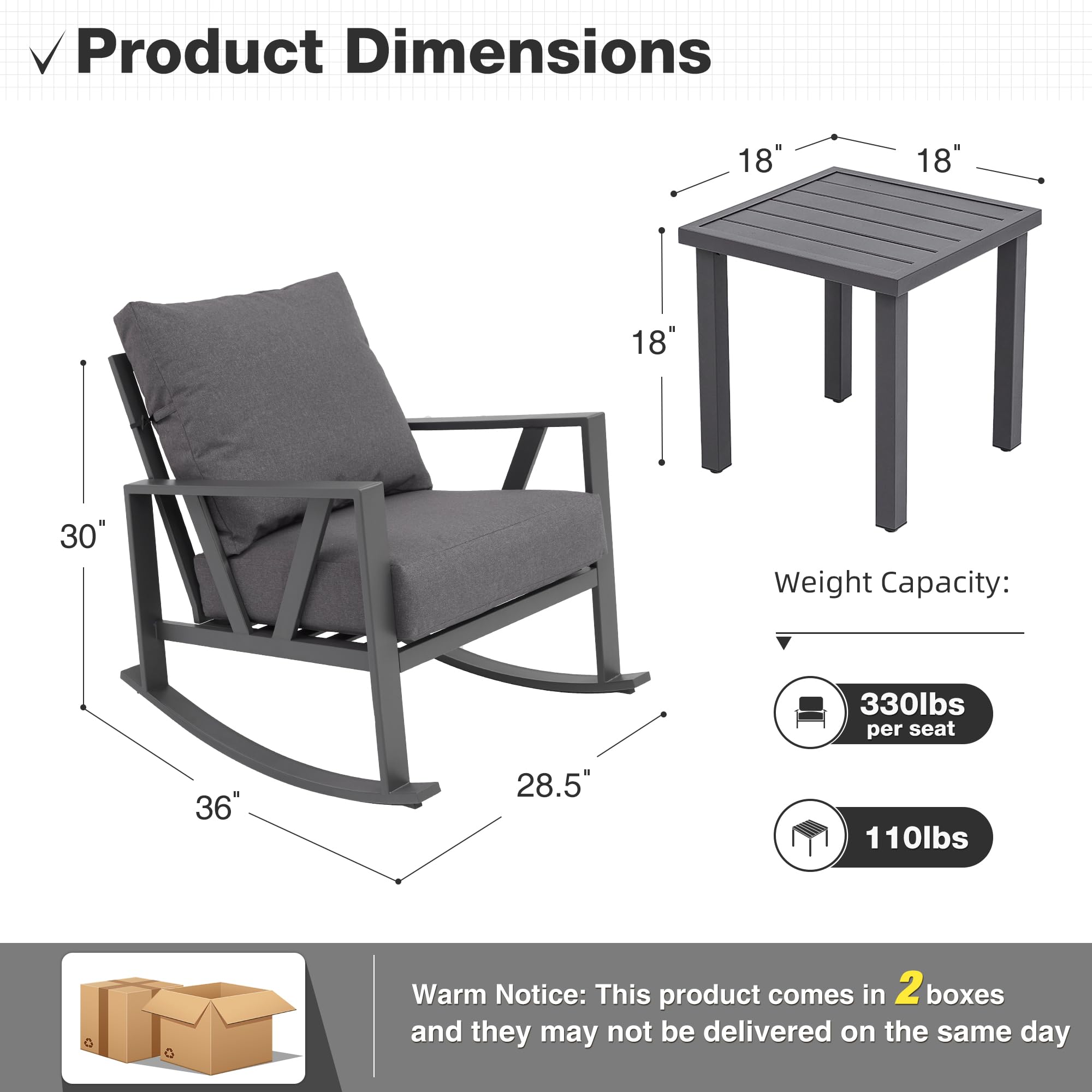 COMLAX FIELD Patio Porch Furniture Set, Patio Outdoor Rocking Chairs Set of 2 with Coffee Table, 3 Piece Metal Outdoor Patio Furniture Set, Small Patio Bistro Conversation Set, Grey