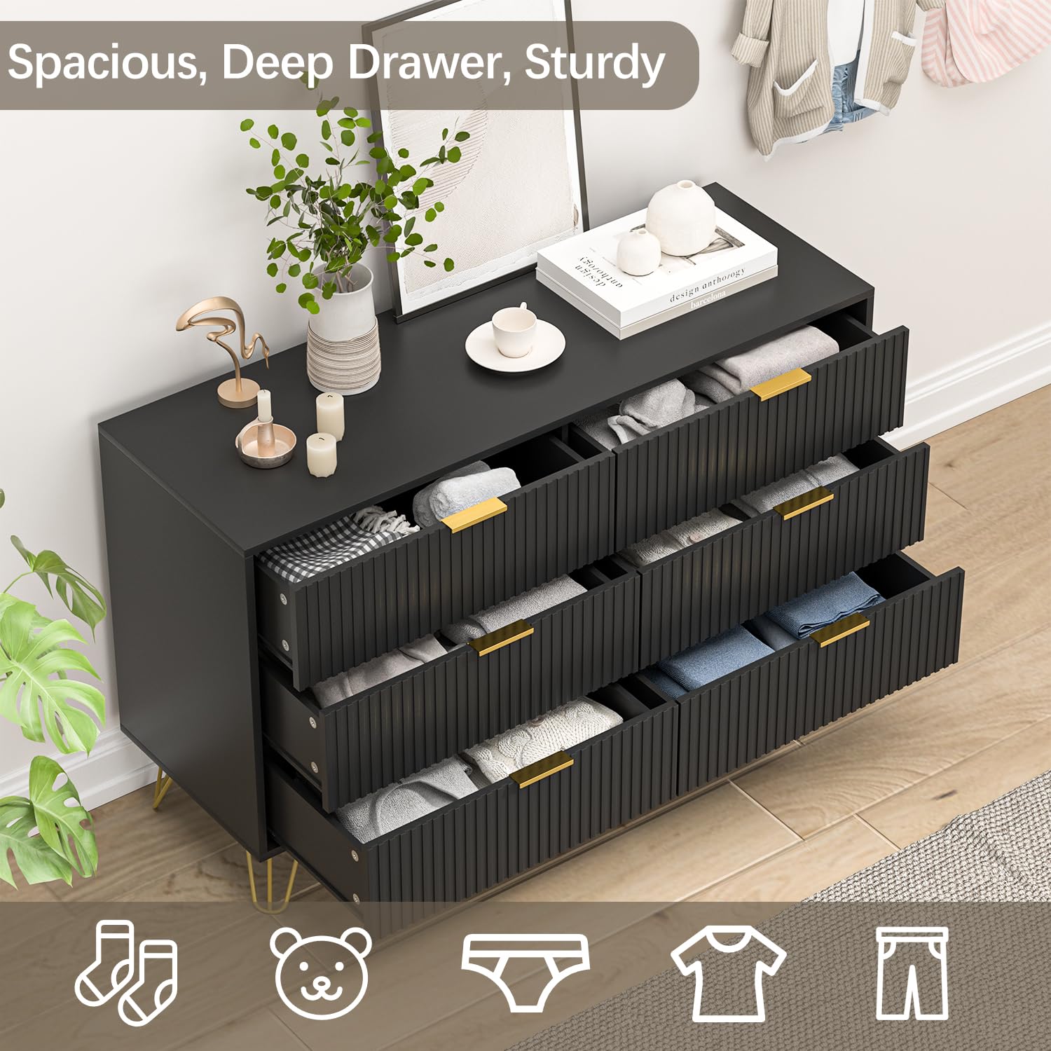 BVFUKA Black Dresser, Modern Dresser for Bedroom, 6 Drawer Dressers with Wide Drawers and Gold Handles, Storage Chest of Drawers