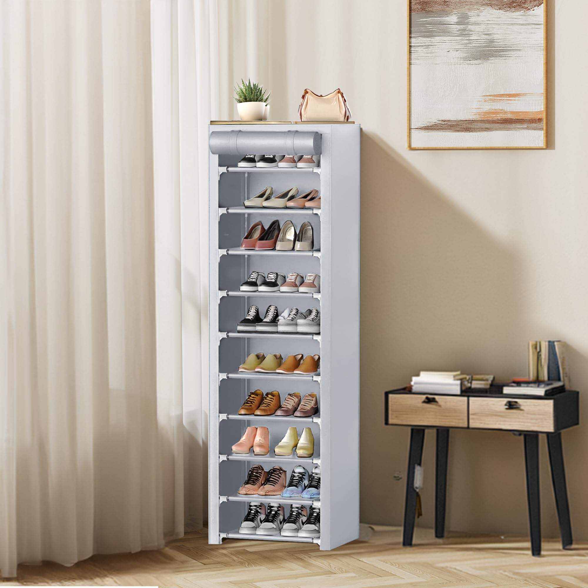 ERONE Shoe Rack with Cover 10 Tier Tall Slim Narrow Shoe Rack Organizer Space-Saving Sturdy Shoe Storage Shelf for Entryway, Closets