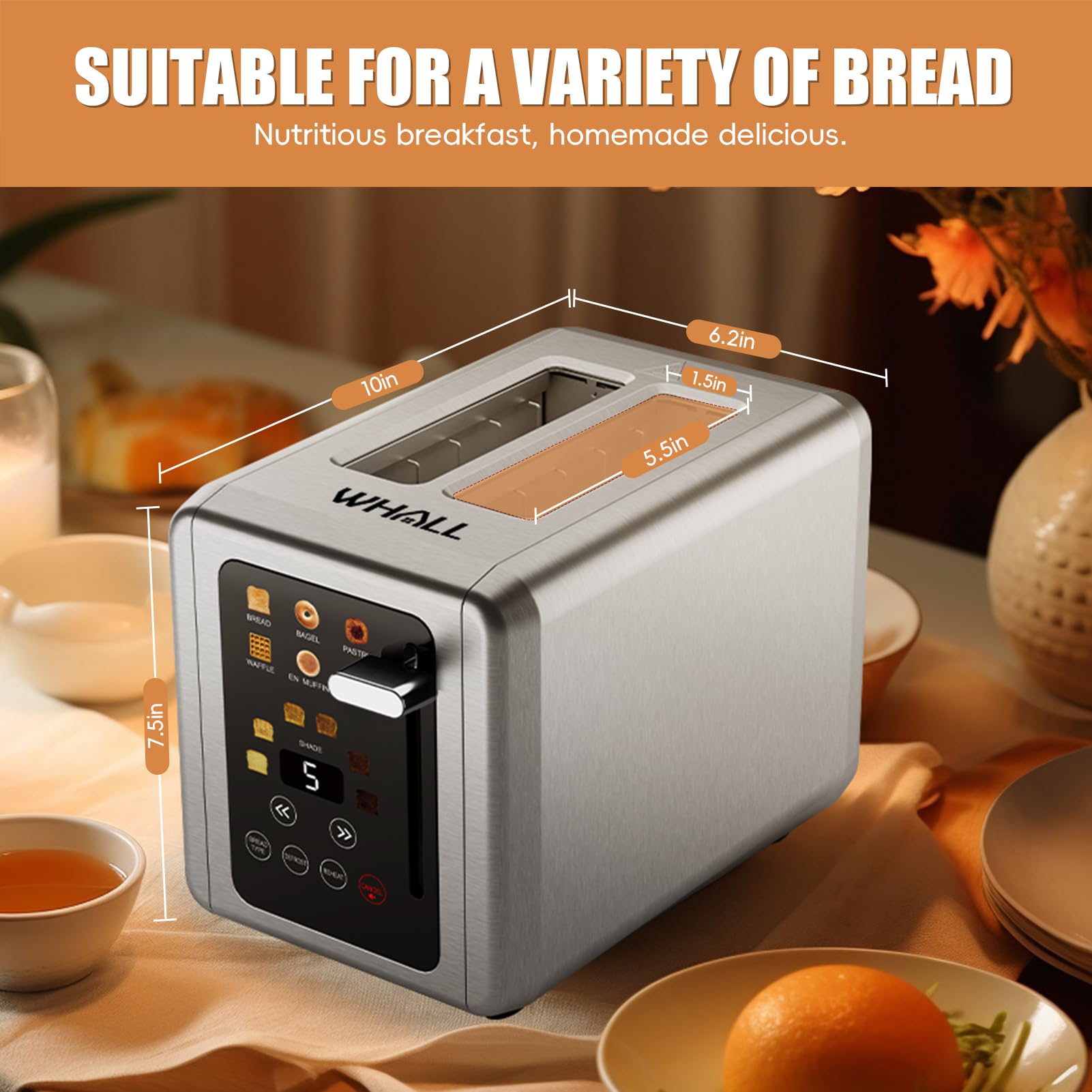 WHALL Touch Screen Toaster 2 Slice, Stainless Steel Digital Timer Toaster, 6 Bread Types & 6 Shade Settings, Smart Extra Wide Slots Toaster With Bagel, Cancel, Defrost Functions