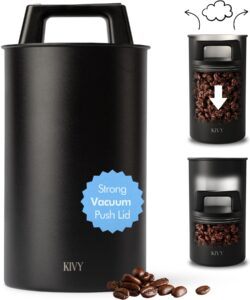 kivy vacuum coffee canister - push lid preserves coffee aroma & oil - stainless steel airtight coffee canister - coffee container for ground coffee & coffee bean storage - removes excess air