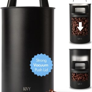 KIVY Vacuum Coffee Canister - Push Lid Preserves Coffee Aroma & Oil - Stainless Steel Airtight Coffee Canister - Coffee Container for Ground Coffee & Coffee Bean Storage - Removes Excess Air