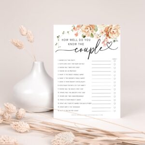 Your Main Event Prints 50 Pack of Bridal Shower Games, How Well Do You Know The Couple and Who Knows The Bride Best, Floral Modern Minimalistic Design.