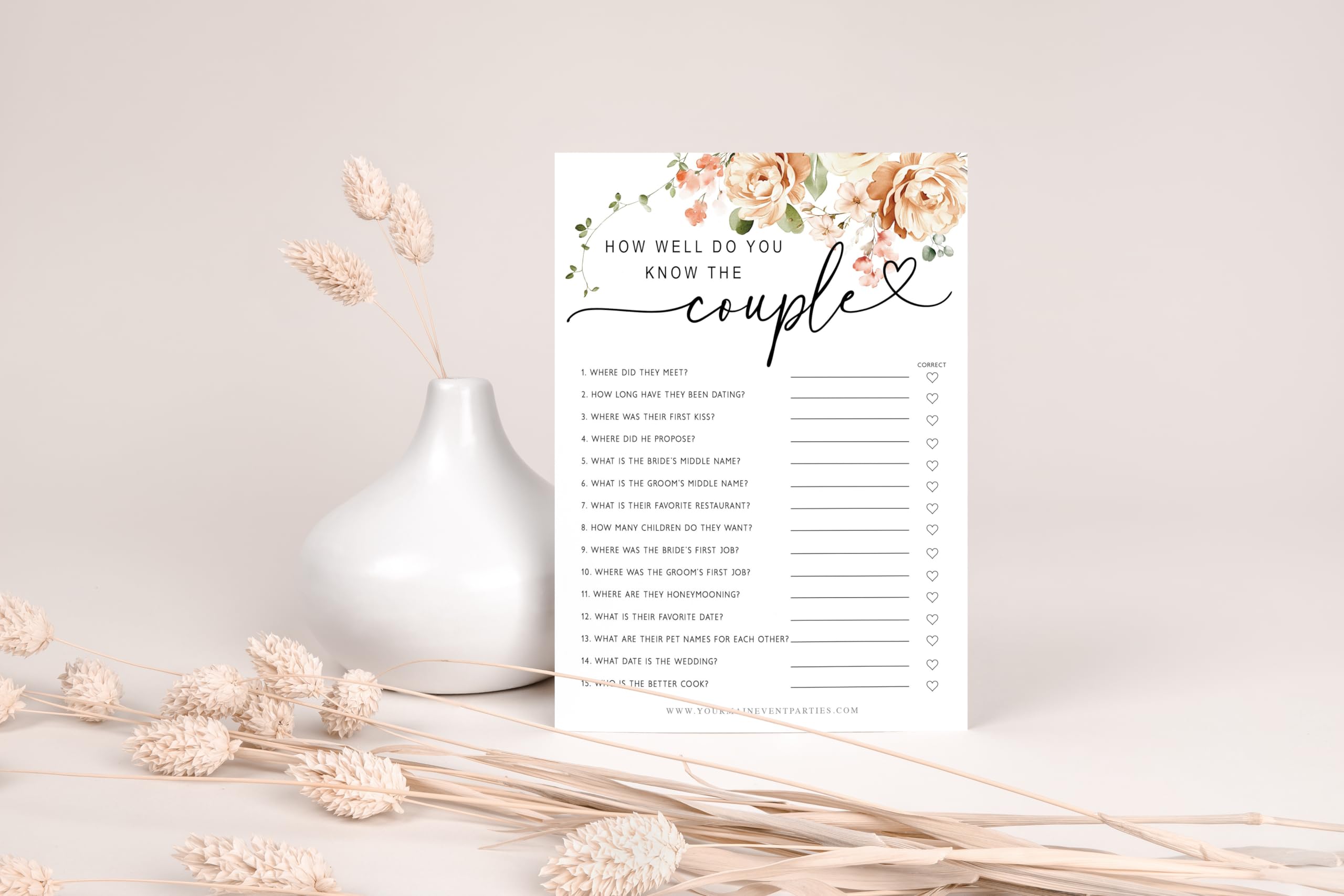 Your Main Event Prints 50 Pack of Bridal Shower Games, How Well Do You Know The Couple and Who Knows The Bride Best, Floral Modern Minimalistic Design.