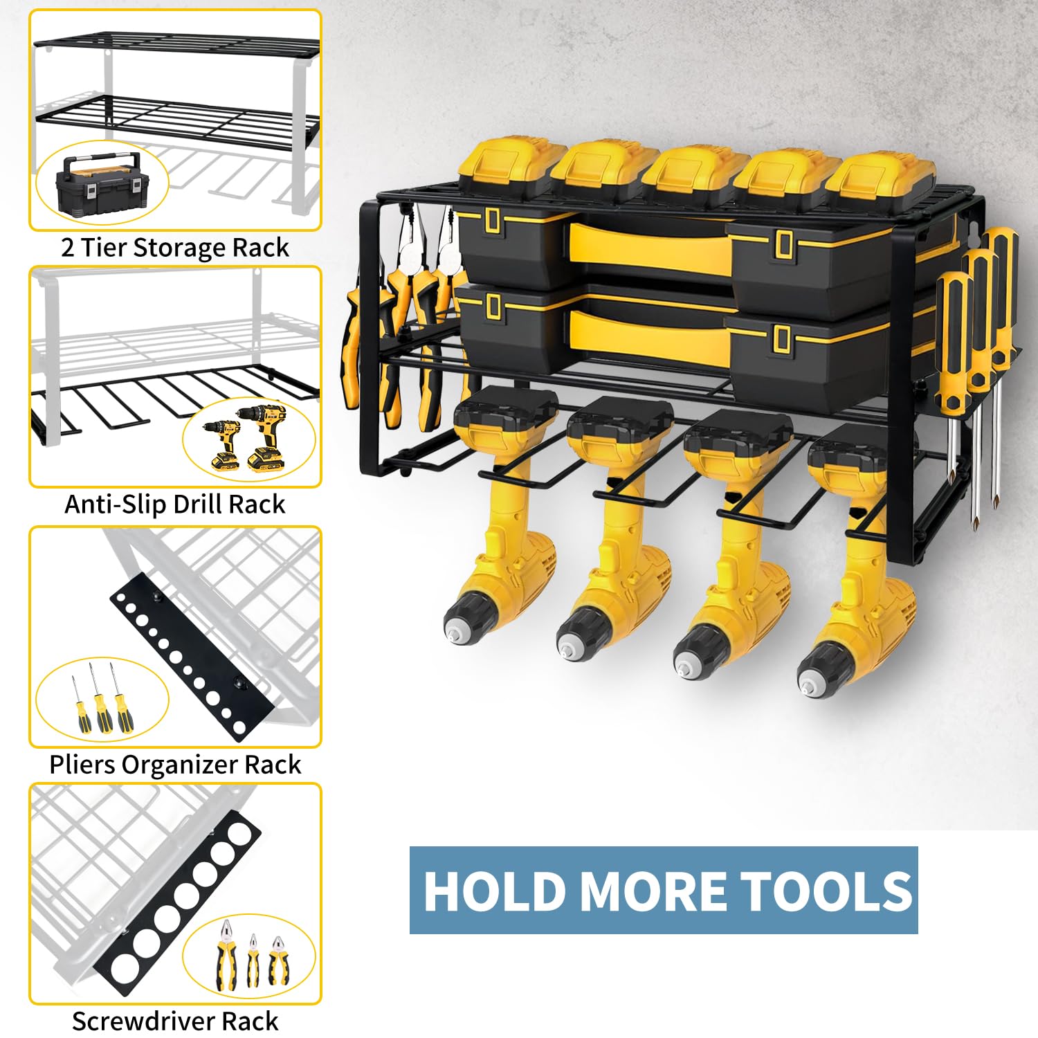 VDHU Power Tool Organizer Wall Mount,Utility Racks,Heavy Duty Drill Holder,3 Layers Storage Rack with 4 Drill Holders,Garage Tool Organizer and Storage Ideal for Tool Room,Workshop,Garage