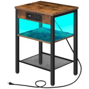 hoobro end table with charging station and led lights, small side table with storage shelves, 3-tier led nightstand for small space in living room, bedroom, rustic brown bf112udbz01