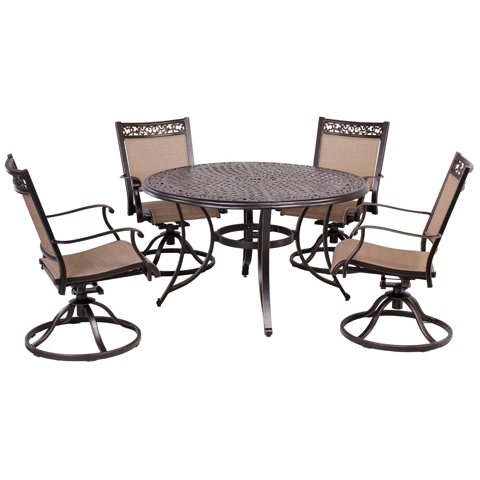 5 Piece Aluminum Patio Dining Set, 4 Textilene Swivel Rocker Chairs and 48 inch Round Alum Casting Table with Umbrella Hole, All-Weather Outdoor Furniture Set for Backyard, Patio, Lawn, Garden