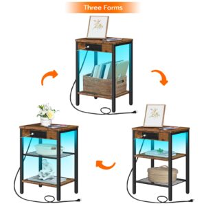 HOOBRO End Table with Charging Station and LED Lights, Small Side Table with Storage Shelves, 3-Tier LED Nightstand for Small Space in Living Room, Bedroom, Rustic Brown BF112UDBZ01