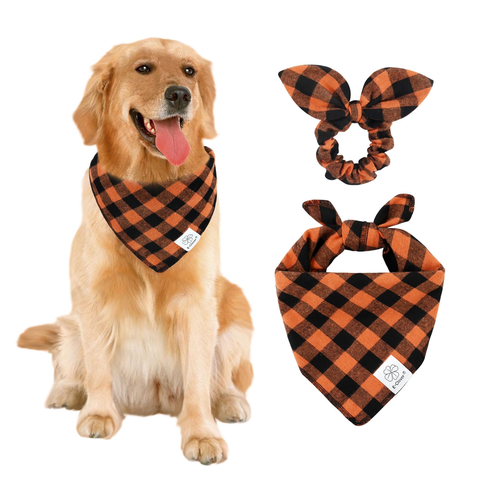 E-Clover Fall Dog Bandana & Matching Scrunchie-Thanksgiving Dog Bandanas Plaid Pet Scarf Bib for Medium Large Dogs Girl Boy Owner Gift Orange Black