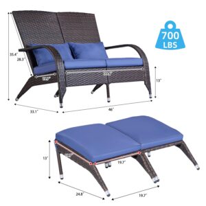 Outdoor Patio Wicker Adirondack Loveseat Bench Outside Small Loveseat Sofa Couch Rattan Fire Pit Chairs Comfy Patio Chair Low Deep Seating High Back with Ottoman Cushion for Porch Backyard Deck Navy