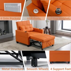 3-in-1 Convertible Sofa Bed Sleeper Chair, Leather Upholstered Pull Out Sleeper Chair with Adjustable Backrest, USB Ports, Cup Holders & Side Pockets for Living Room Apartment Small Space, Orange