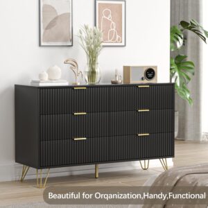 BVFUKA Black Dresser, Modern Dresser for Bedroom, 6 Drawer Dressers with Wide Drawers and Gold Handles, Storage Chest of Drawers