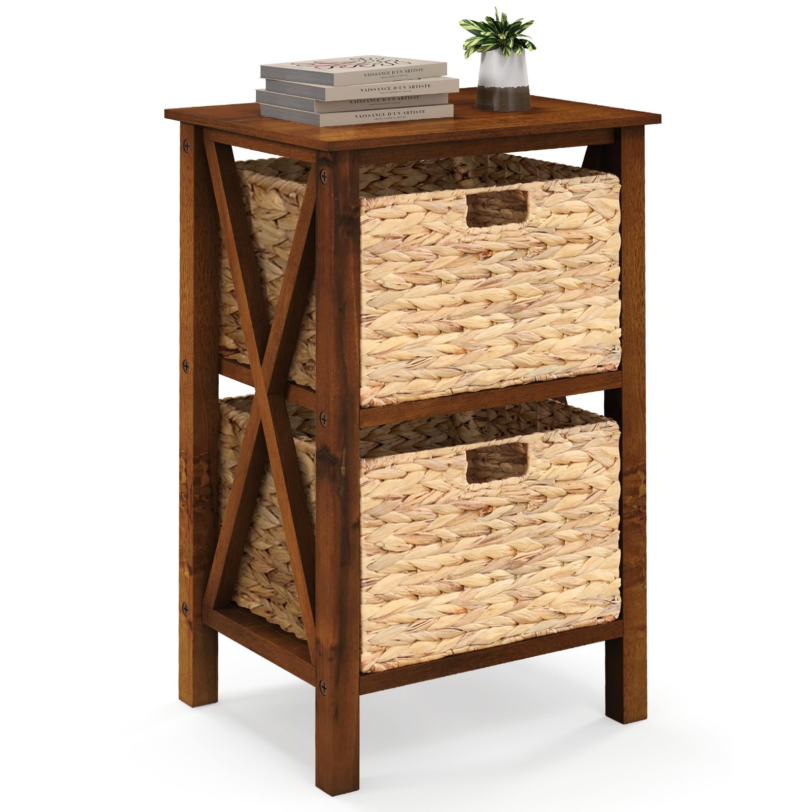 Giantex 2-Tier Nightstand with 2 Wicker Baskets, Wooden X-Design Side Table End Table, Beside Table with Acacia Wood Legs, Mid Century Accent Storage Cabinet for Small Spaces, Bedroom, Walnut