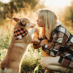 E-Clover Fall Dog Bandana & Matching Scrunchie-Thanksgiving Dog Bandanas Plaid Pet Scarf Bib for Medium Large Dogs Girl Boy Owner Gift Orange Black