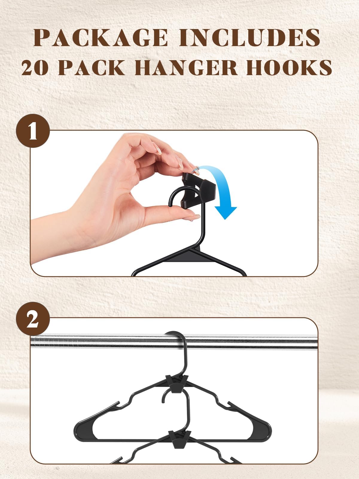 HOUSE DAY Black Plastic Hangers 50 Pack with 20 Pack Hanger Connector Hooks, Premium Slim Clothes Notched Hangers Space Saving, Heavy Duty Closet Hangers for Coat, Suit, Shirt, Dress