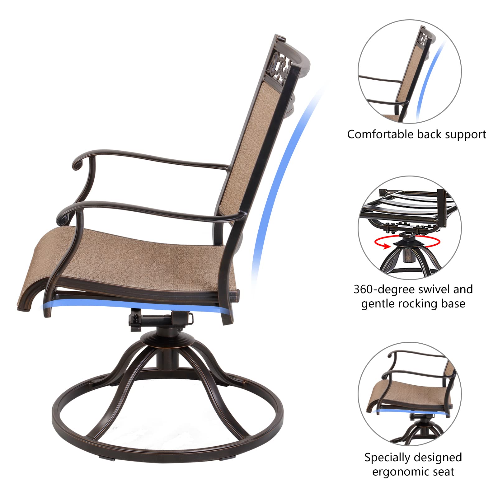 5 Piece Aluminum Patio Dining Set, 4 Textilene Swivel Rocker Chairs and 48 inch Round Alum Casting Table with Umbrella Hole, All-Weather Outdoor Furniture Set for Backyard, Patio, Lawn, Garden