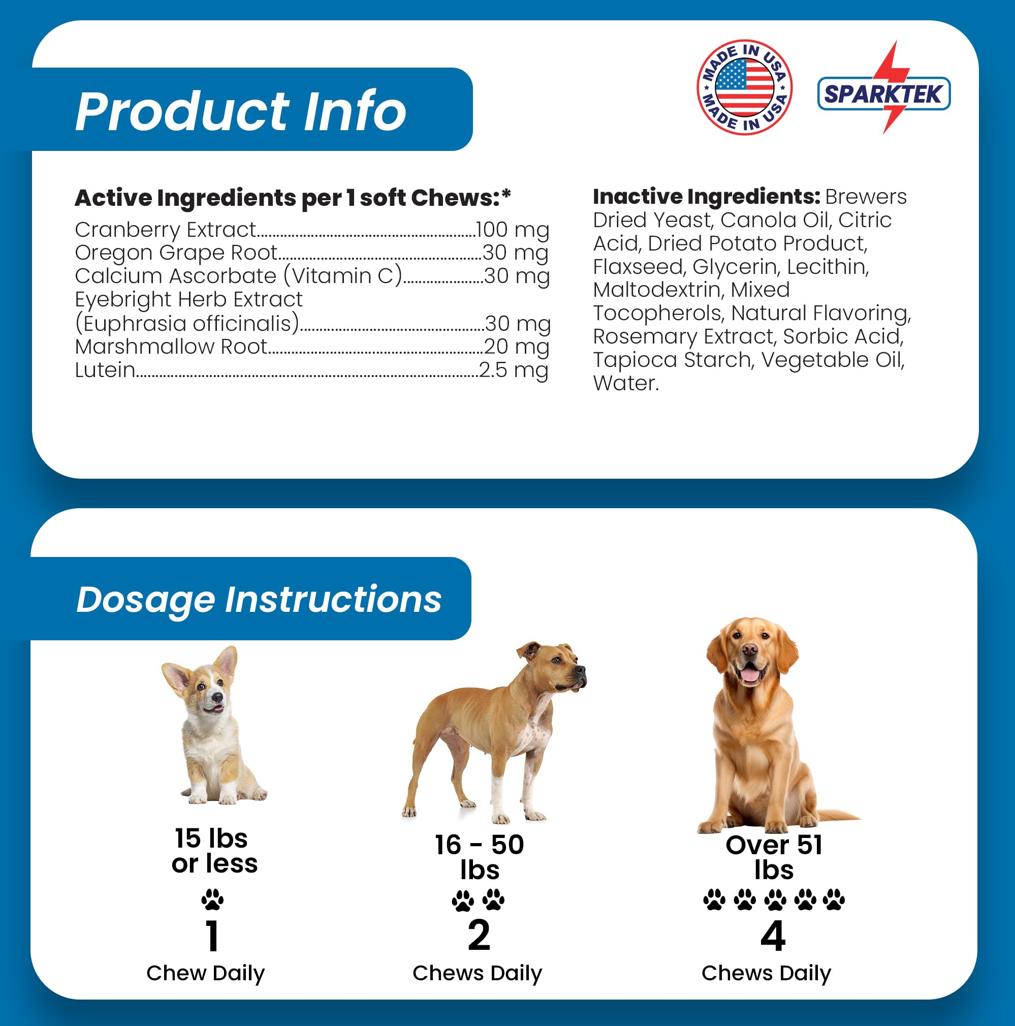 Sparktek Tear Stain Soft chew Supports Dogs Eye Care Enhanced with Lutein Omega-6 Omega-3 Cranberry Extract Helps Eliminate Tear Stains Lubricates Eyes and Supports Immune System from Allergies