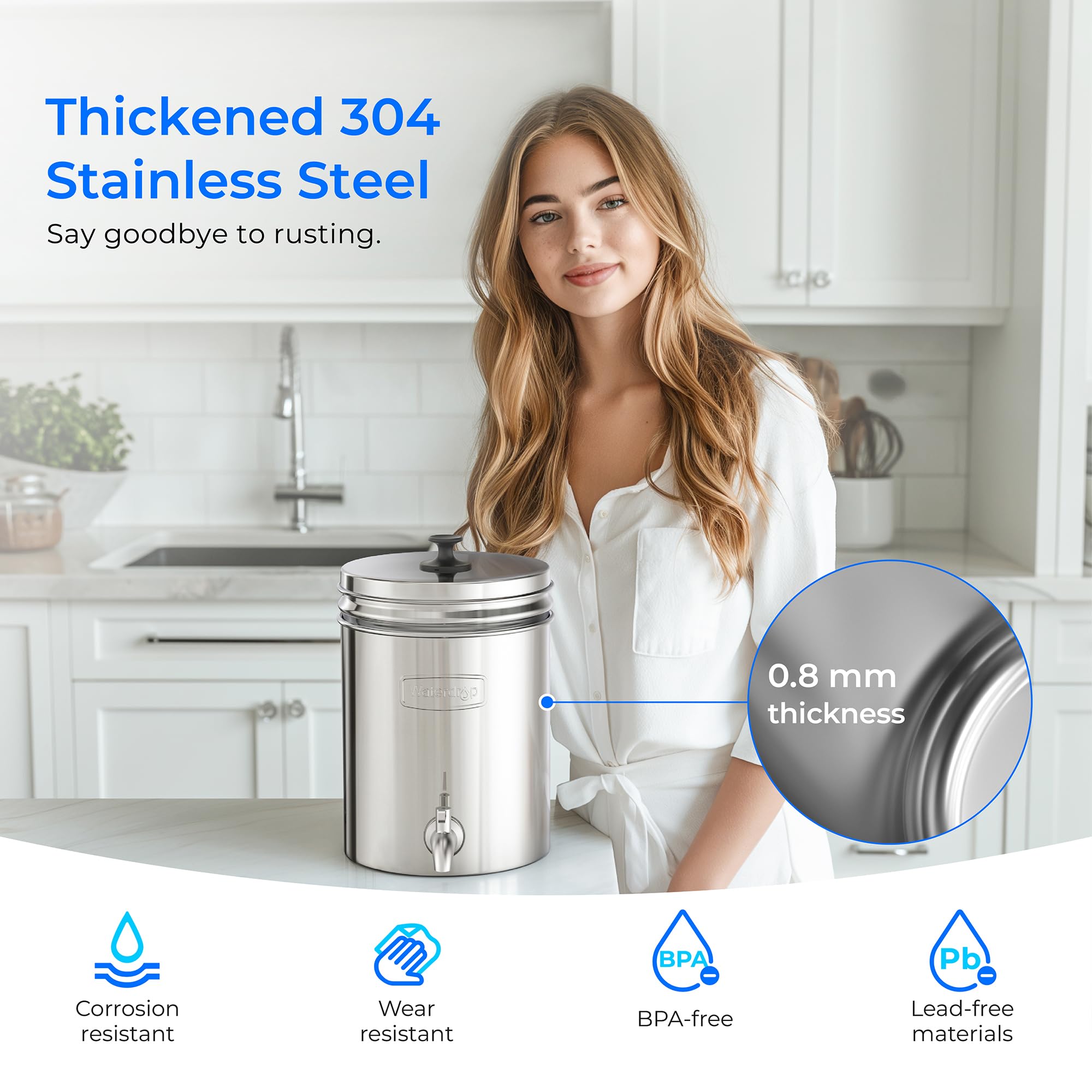 Waterdrop 2.25G Gravity-fed Water Filter System, with Silver Ions Enhanced Filtration with 2 Black Carbon Filters and Metal Spigot