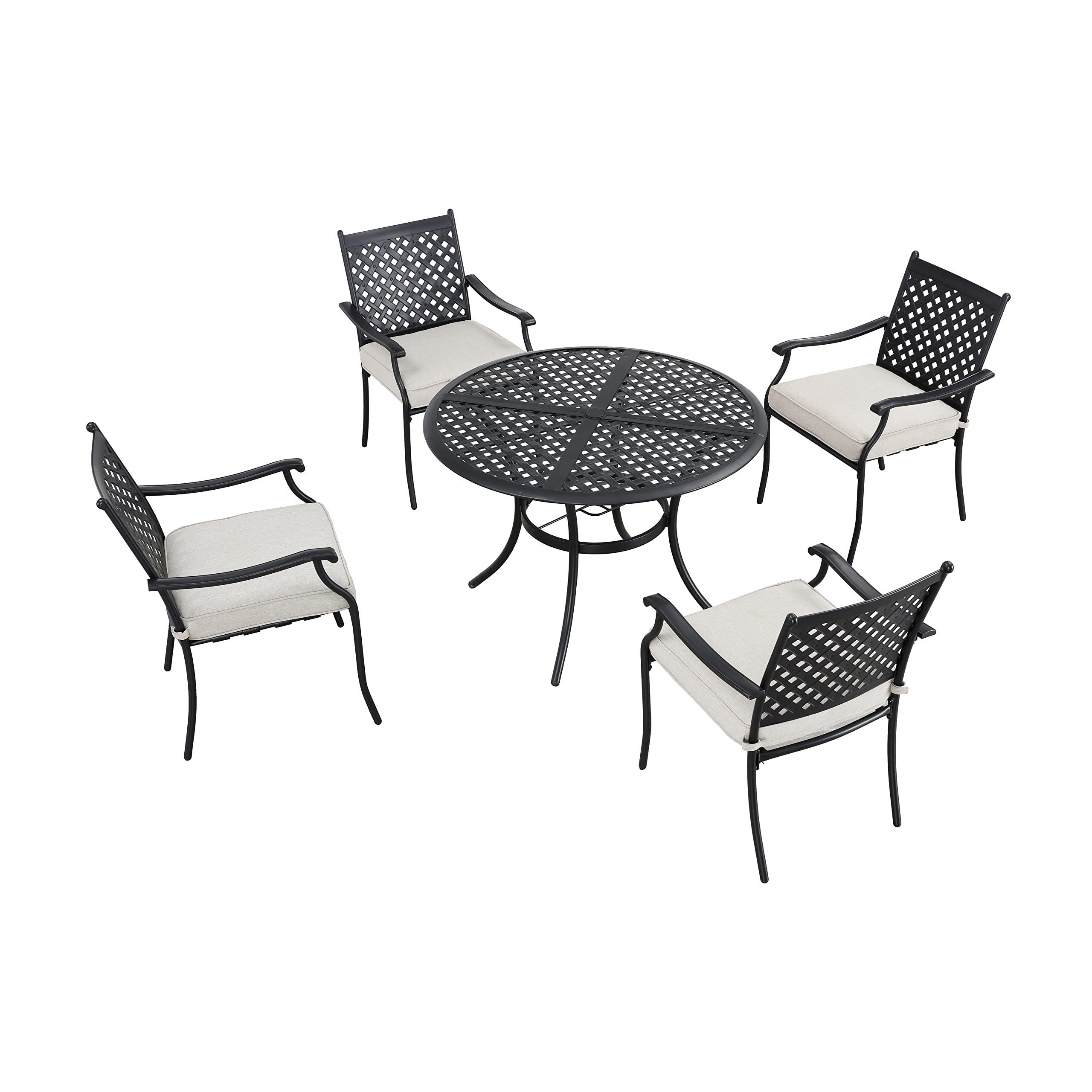 LOKATSE HOME 5 PCS Outdoor Patio Dining Set 4 Armchair with Cushions and 1 Round Table with 2.04" Umbrella Hole, Khaki