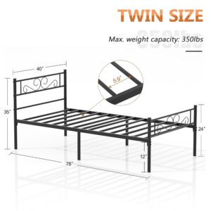 VECELO Twin Size Bed Frame with Headboard, 14 Inch Metal Platform Mattress Foundation, No Boxing Spring Needed, Squeak Resistant, Easy Assembly, Matte Black