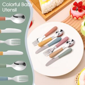 Sunnychicc 18 Pieces Toddler Utensils Kids Silverware with Silicone Handle Stainless Steel Toddler Fork Spoon Knife Set Children Flatware Set, 6 Colors