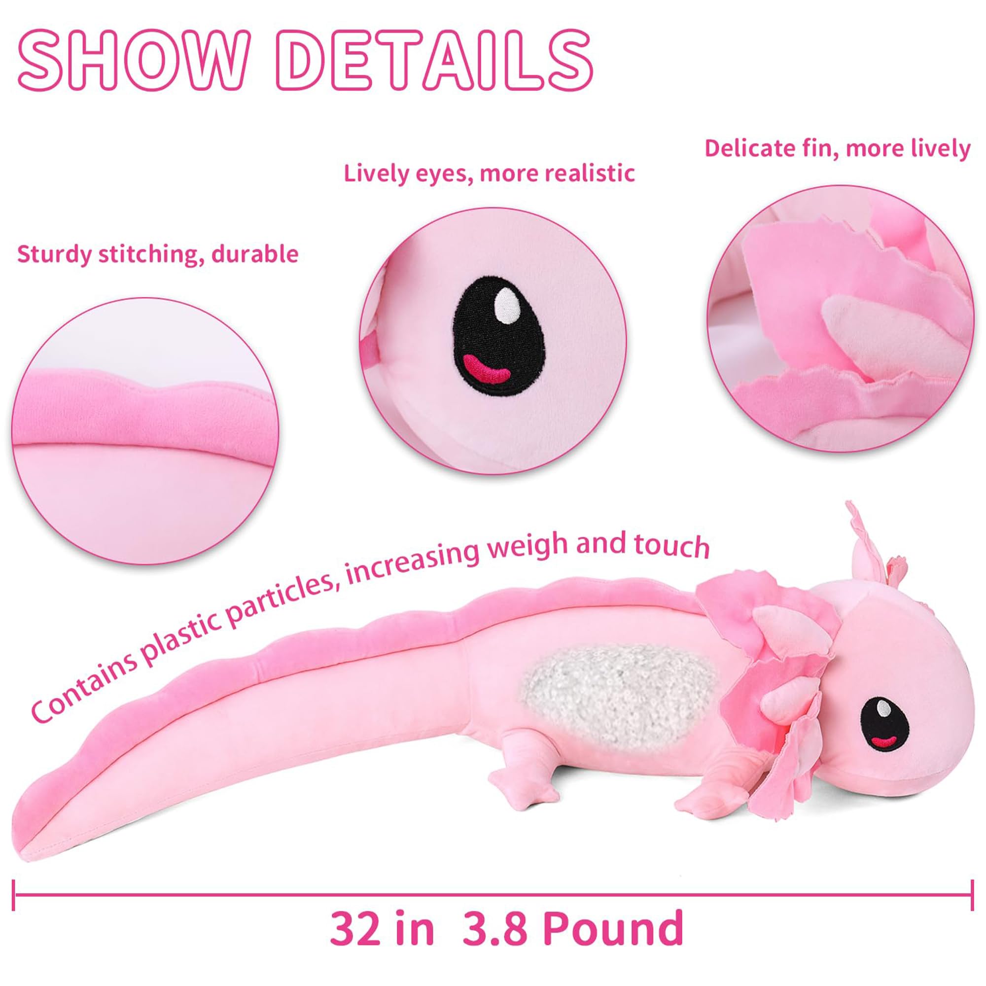 Gubuy Weighted Stuffed Animals 4.2lbs Weighted Axolotl Plush 32", Stuffed Weighted Axolotl Plush Animal Throws Pillows(Pink)