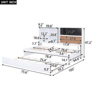 White Full Daybed with Twin Size Trundle, USB Ports and Storage Shelves, Wood Full Size Bed Frame with Blackboard, Cork board and Bookshelf, Full Sofa Bed for Living Room Bedrooms